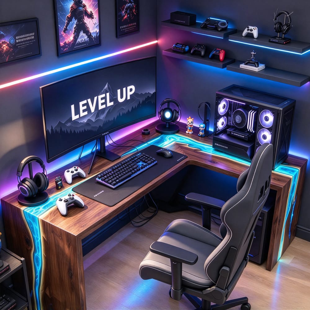 Spacious L-shaped epoxy corner gaming desk with natural walnut surfaces and an extended layout for monitors, gaming accessories, and PC equipment.