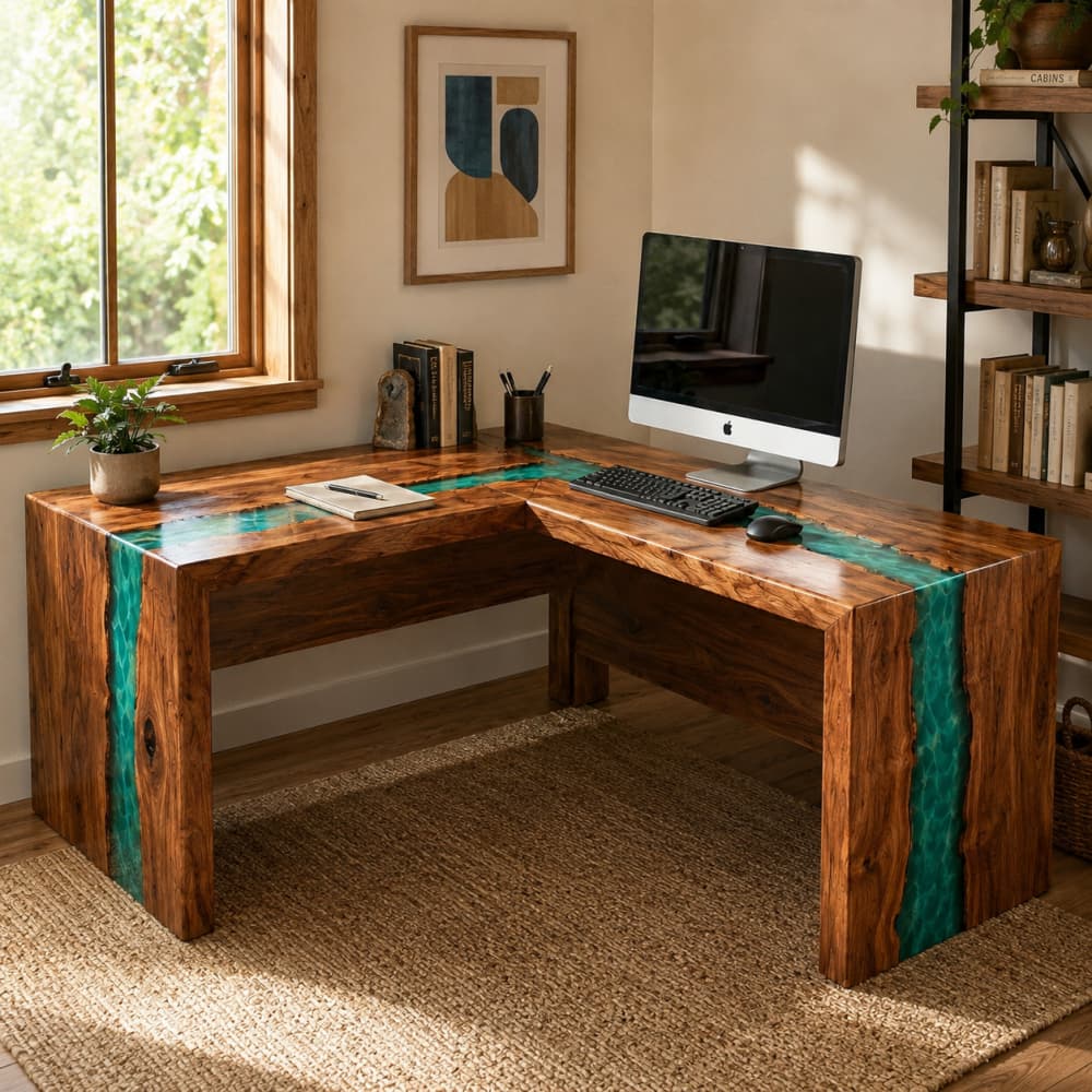 Black walnut L-shaped home office desk with blue swirl epoxy resin and waterfall sides