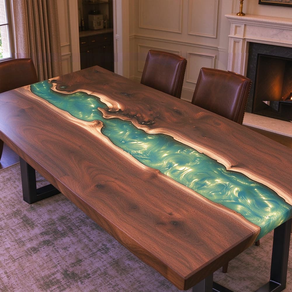 Overhead view of a long black walnut epoxy table showing rich chocolate wood grain and metallic green resin center.