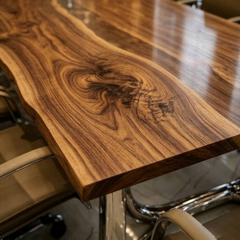 Top-down detail of highly figured kiln-dried black walnut timber flanking a clear resin river with minimal decorative centerpiece