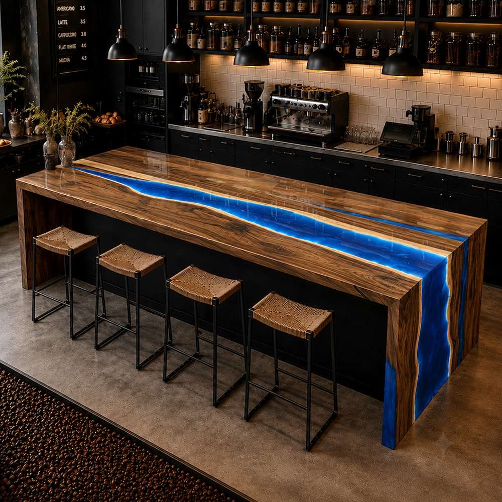 Bespoke walnut bar counter featuring integrated LED blue resin lighting