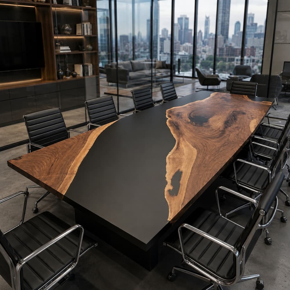 Custom live edge resin boardroom table with black walnut wood and black epoxy surface