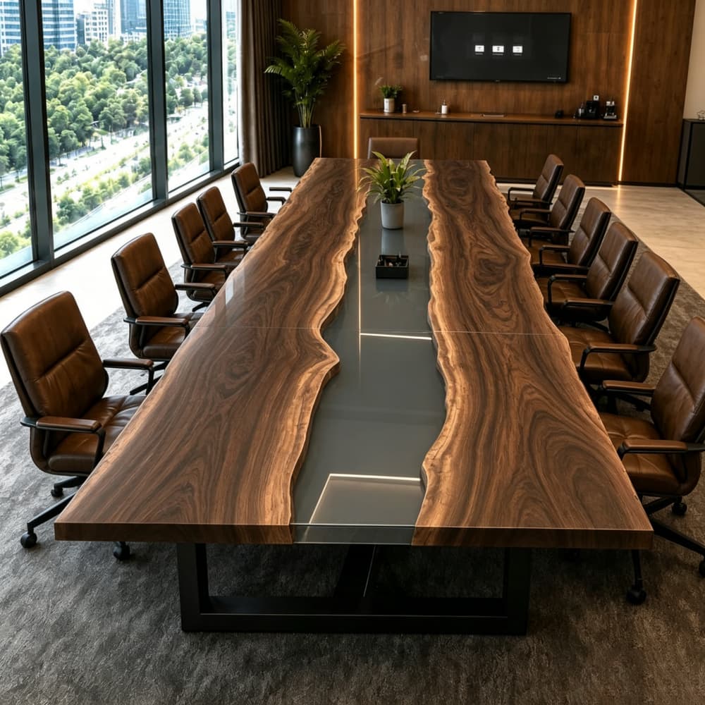 Architectural walnut and epoxy conference desk designed for executive collaboration