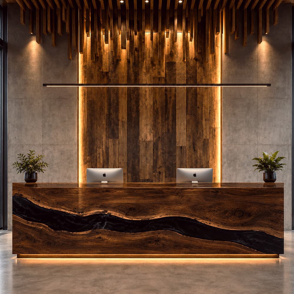 Custom lobby reception desk crafted from black walnut and metallic gunmetal resin