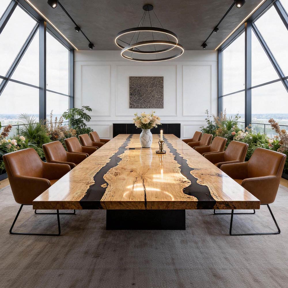 Premium maple wood tabletop featuring dual black epoxy river channels and natural grain detail