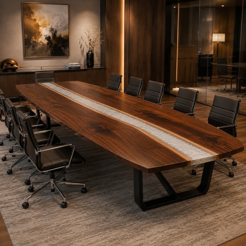 Custom multi-person walnut conference table with white epoxy river detail, built for team meetings, presentations, and client discussions