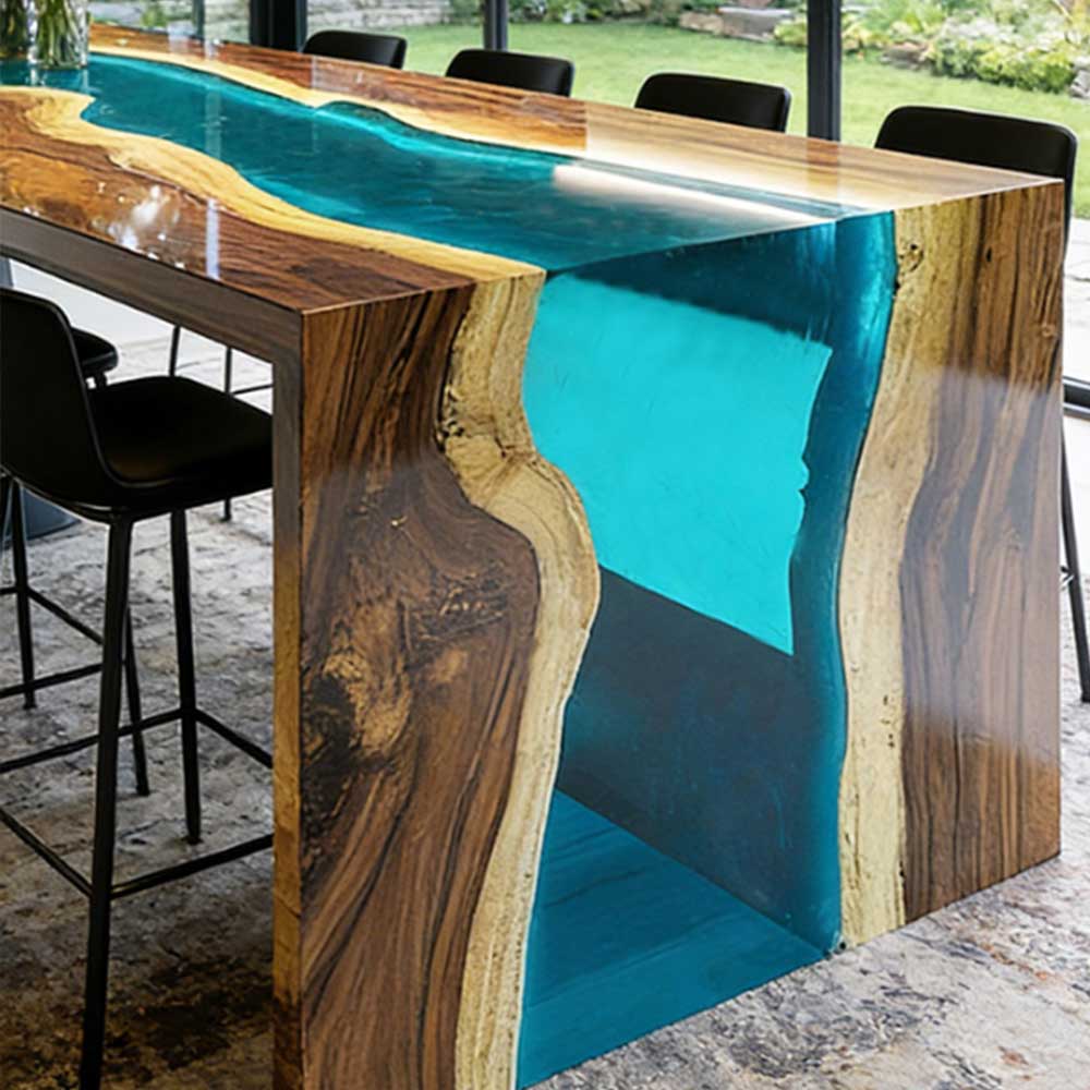 Custom black walnut dining table with ocean blue epoxy resin river and waterfall legs