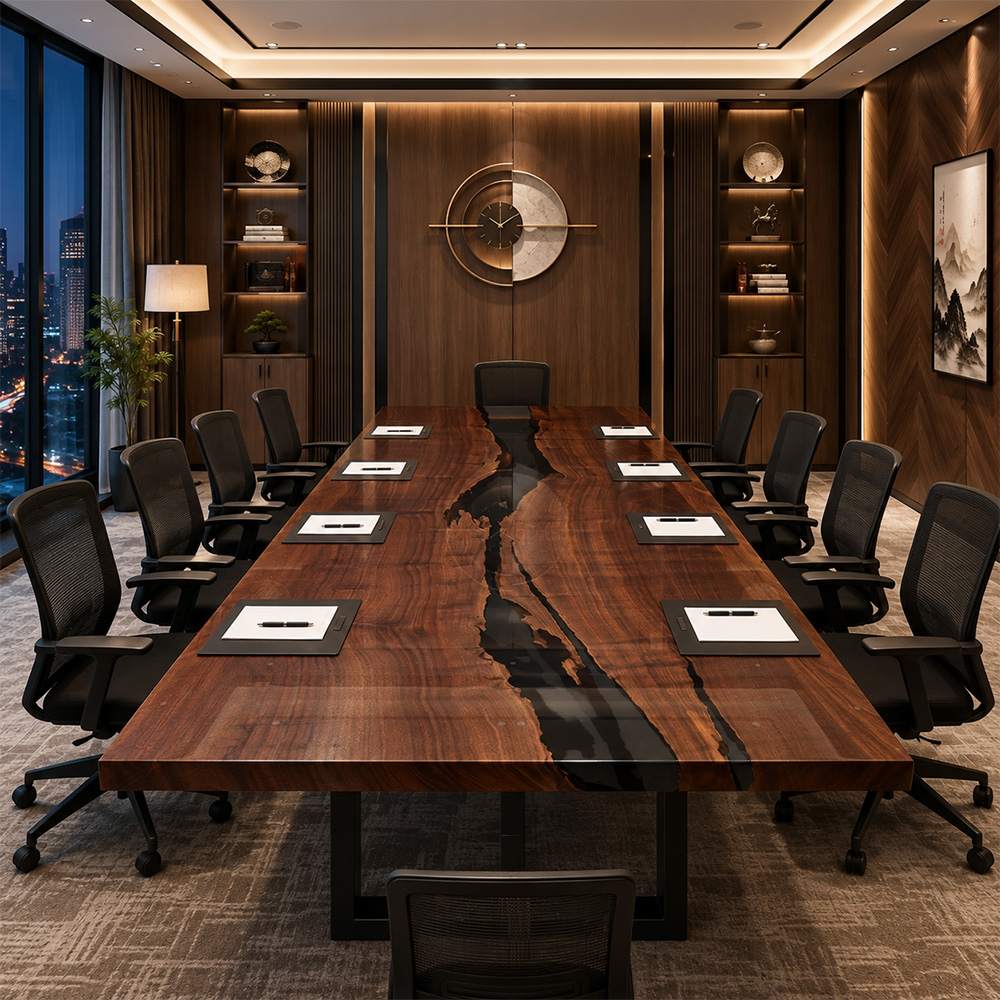 Flush-mounted vertical power outlets integrated seamlessly on a luxury wooden office conference table surface