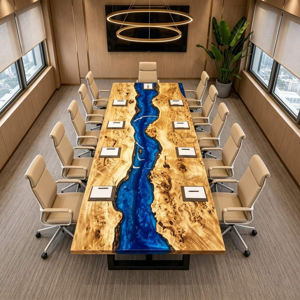 Premium poplar conference furniture with navy wave resin detail, combining natural wood warmth and a bold modern meeting room aesthetic