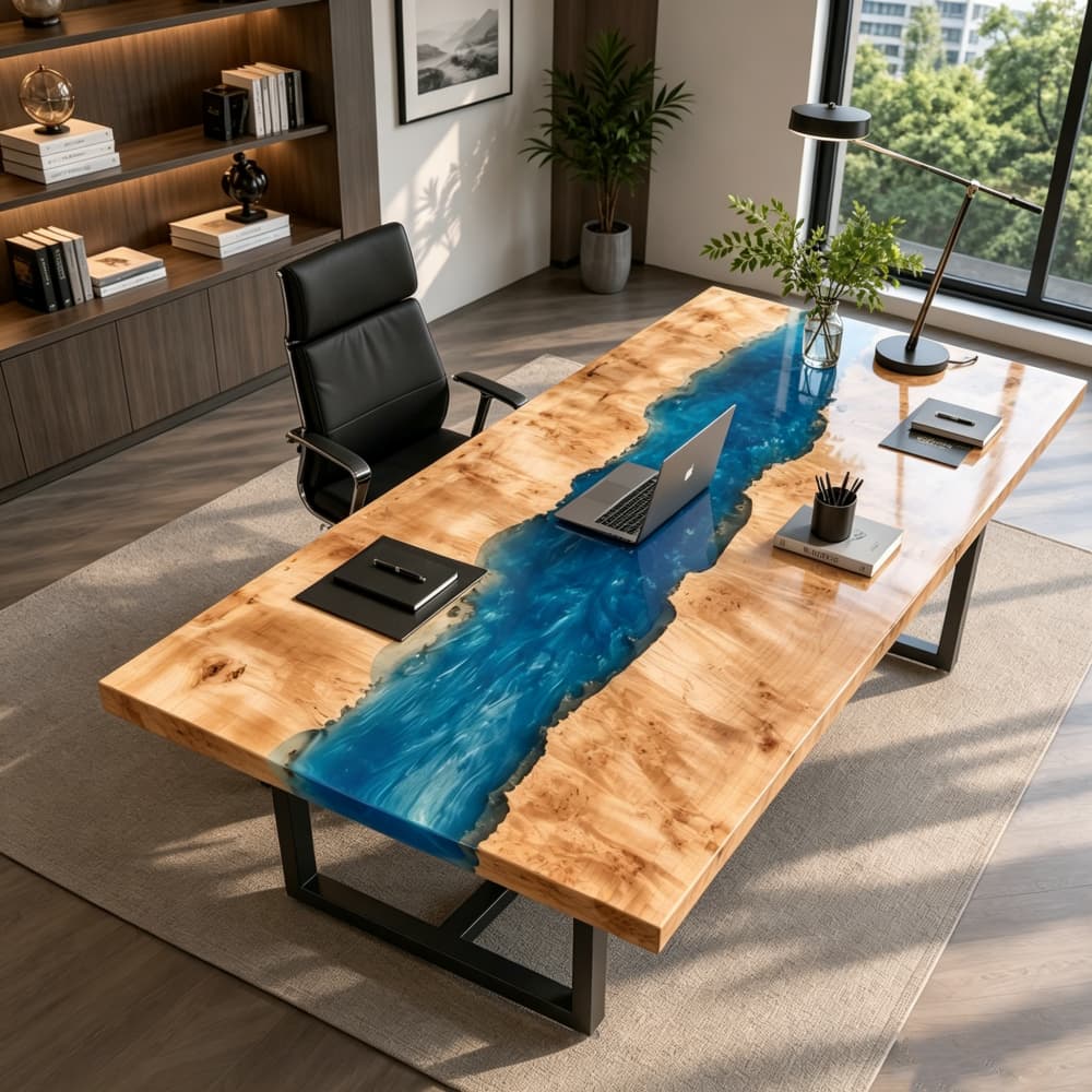 Blue resin poplar executive table with light wood grain and glossy finish