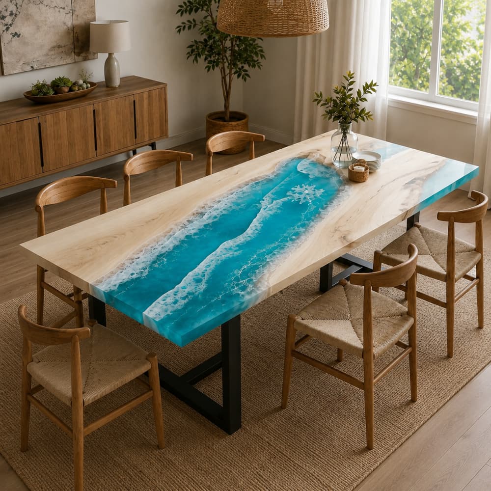 Poplar wood dining table with ocean blue epoxy resin and white wave design in a bright dining room