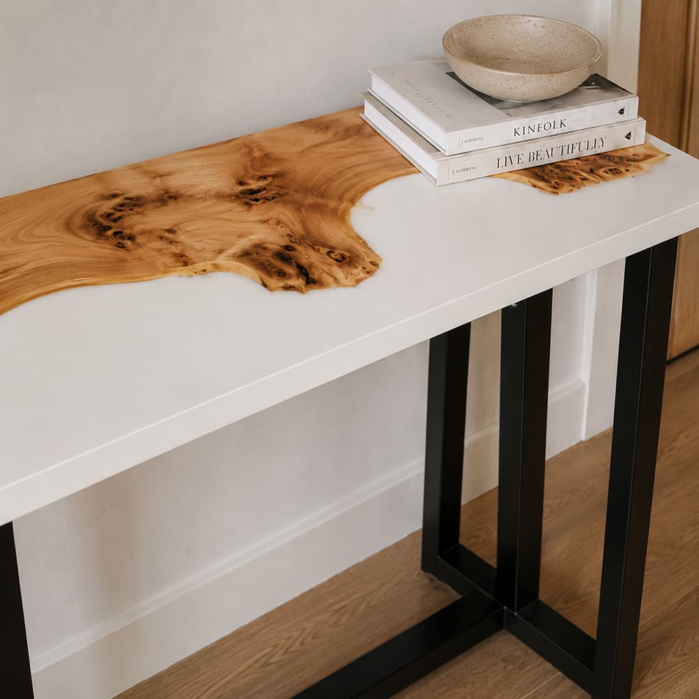 Custom poplar wood resin entry table with natural grain and white epoxy