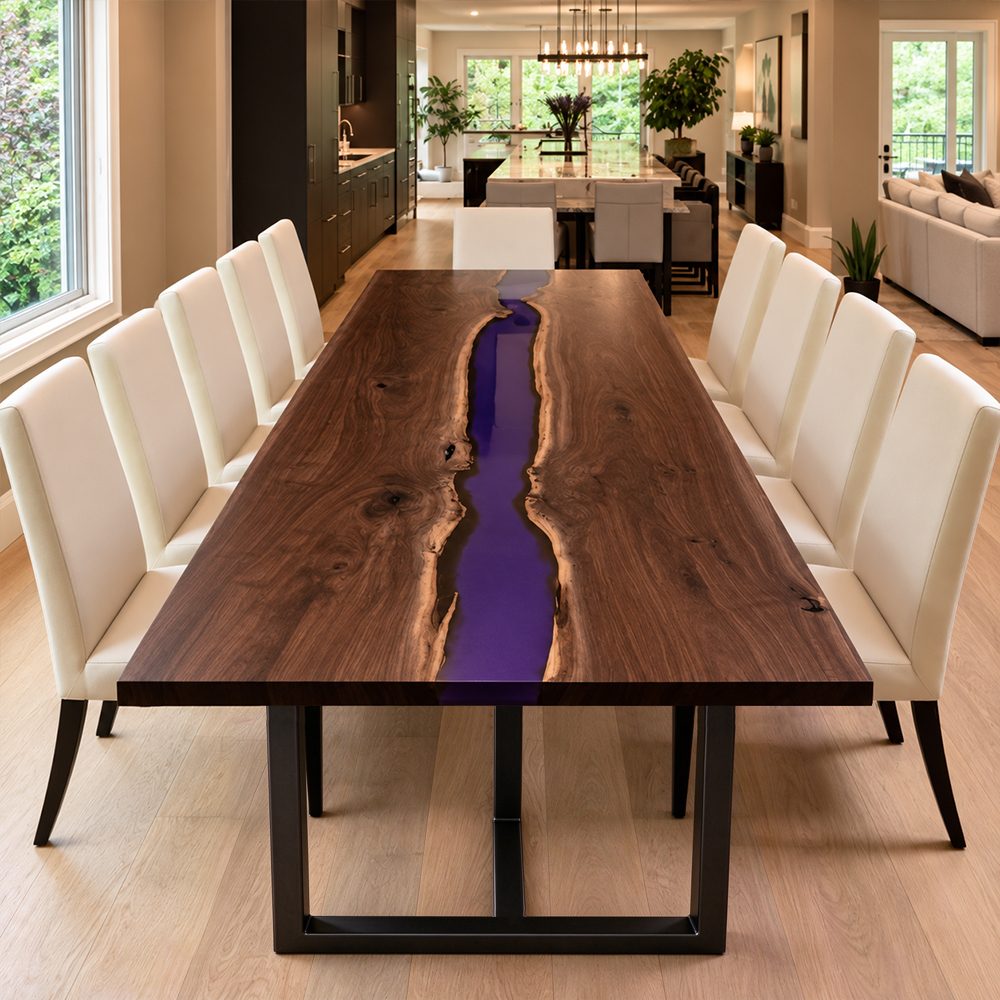 Custom walnut dining table featuring a bold purple resin center and natural wood grain