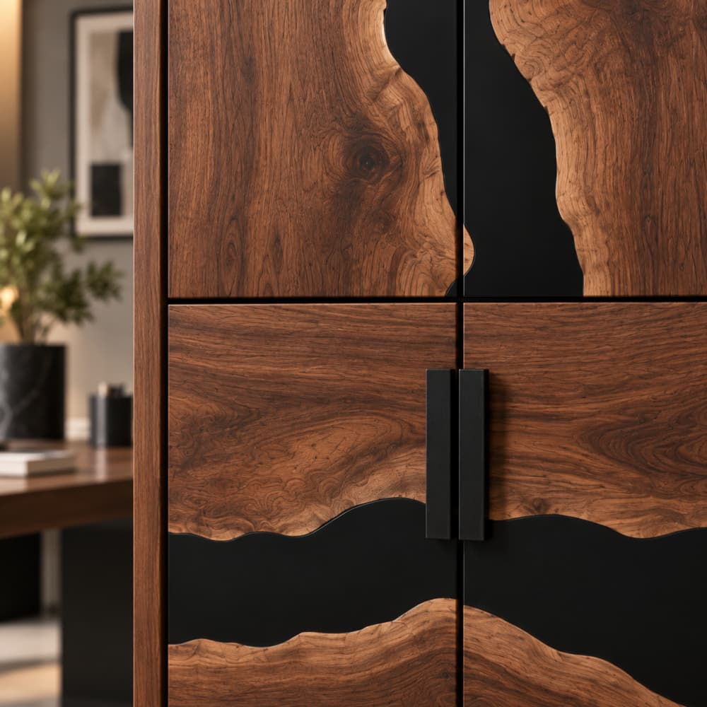 Custom resin cabinet for an executive office with Black Walnut doors, black epoxy details, and vertical storage