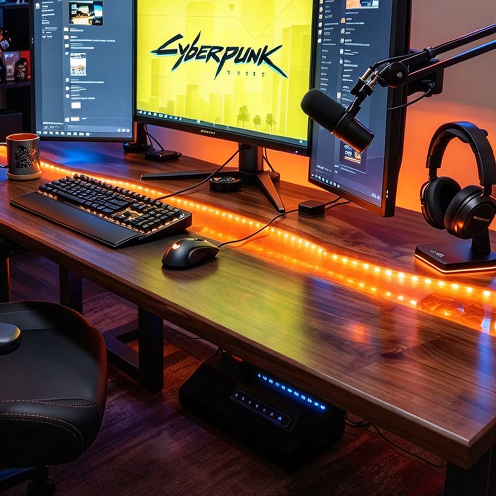 Closeup of vibrant orange resin river channel on solid black walnut gaming desk with built-in LED strip lighting