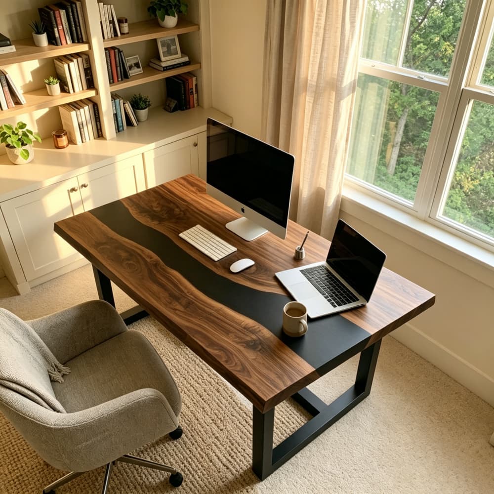 Custom-crafted walnut and black resin river desk in a modern home study