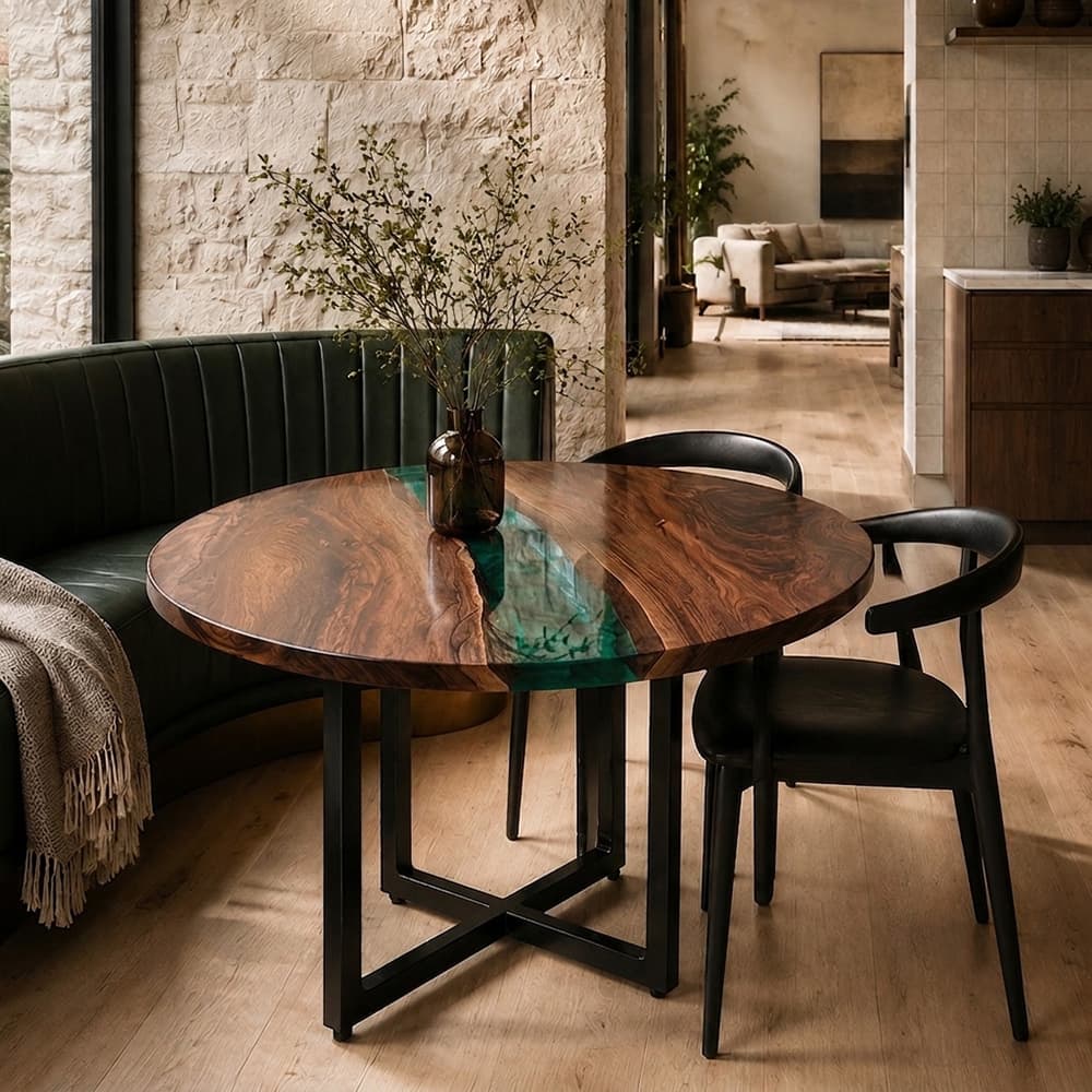Custom round coffee table crafted from black walnut and green epoxy resin
