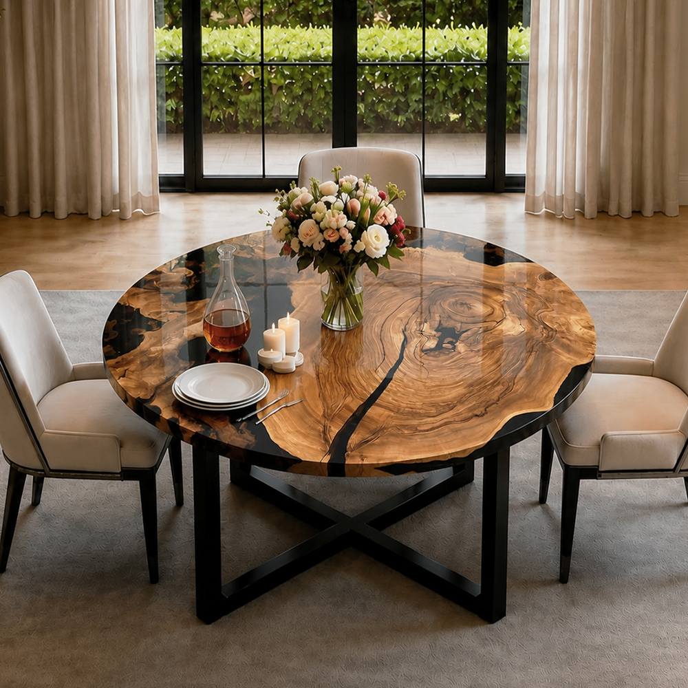 Round resin coffee table with rich walnut grain, polished surface, and organic black epoxy details for a refined sitting area