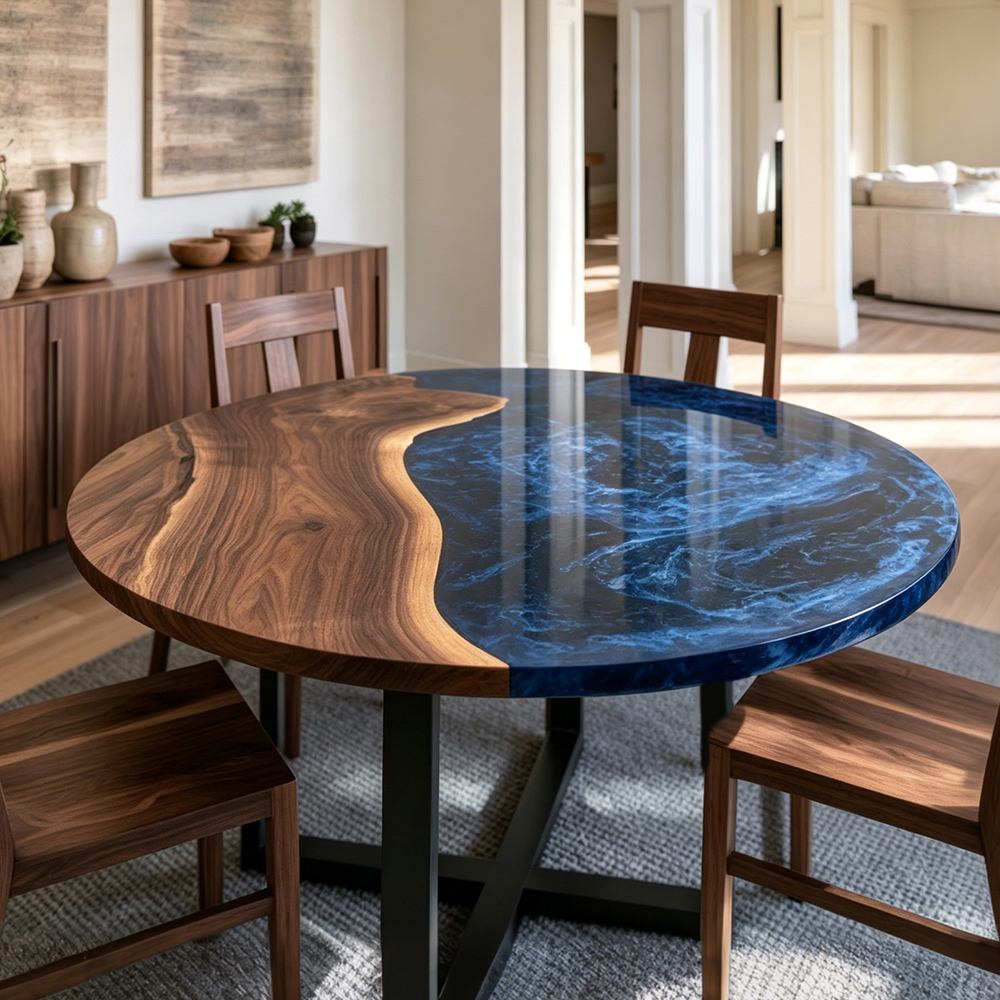 Custom-built round dining furniture crafted from natural walnut slabs with a polished resin inlay