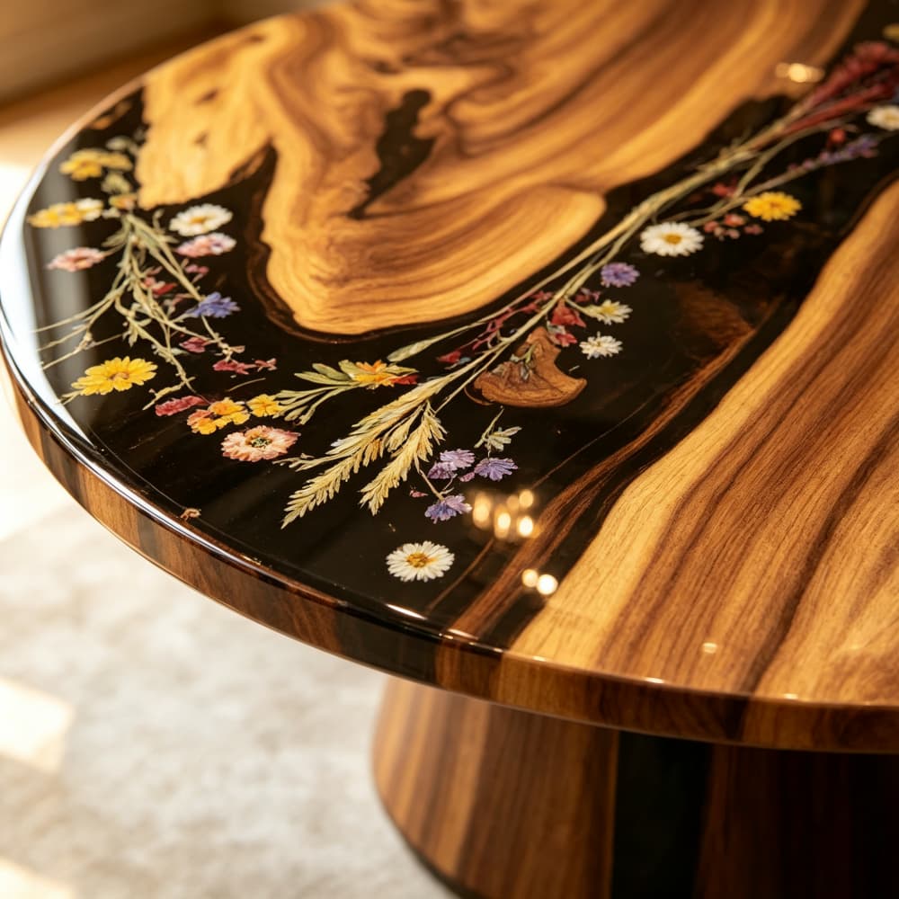Custom round walnut resin dining table with dramatic wood grain and floral epoxy detailing for a luxury home