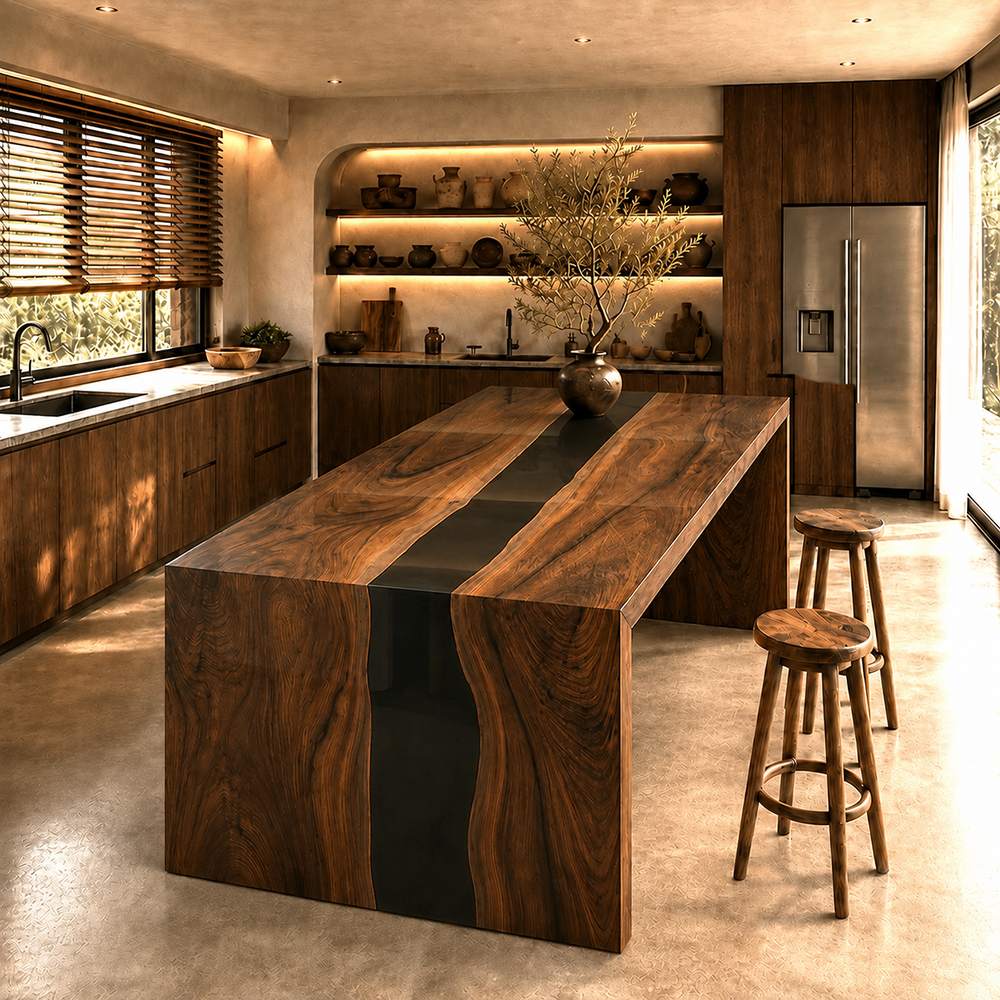 Bespoke walnut river island designed for custom luxury kitchen renovations