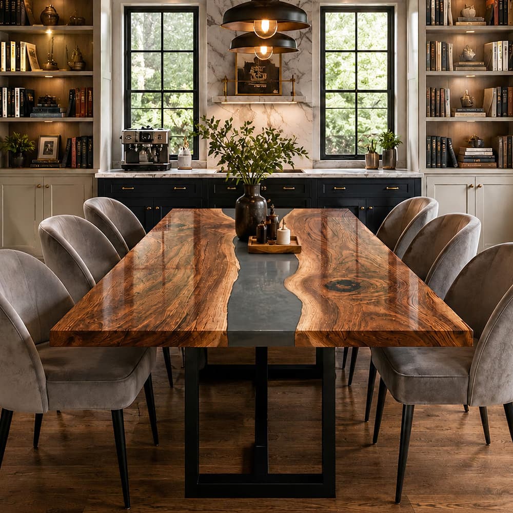 Custom black walnut river table featuring translucent smoke gray resin
