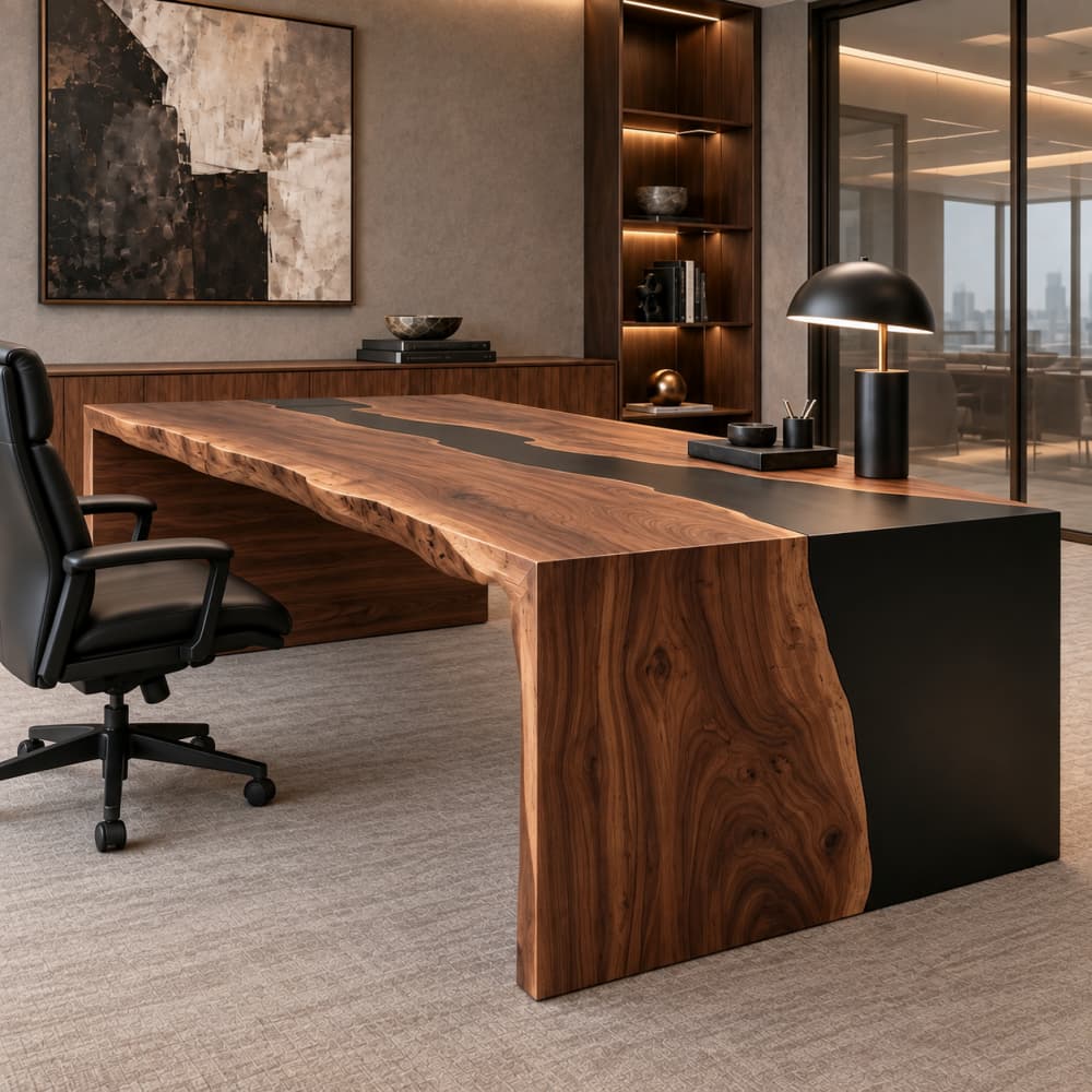 Made-to-order solid wood and black epoxy executive desk combining natural walnut character with modern resin detailing.
