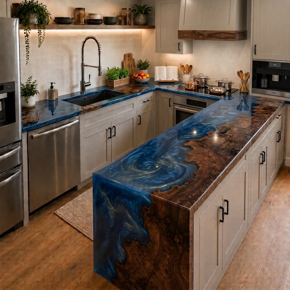 Bespoke U-shaped kitchen island with blue vortex resin and black walnut top
