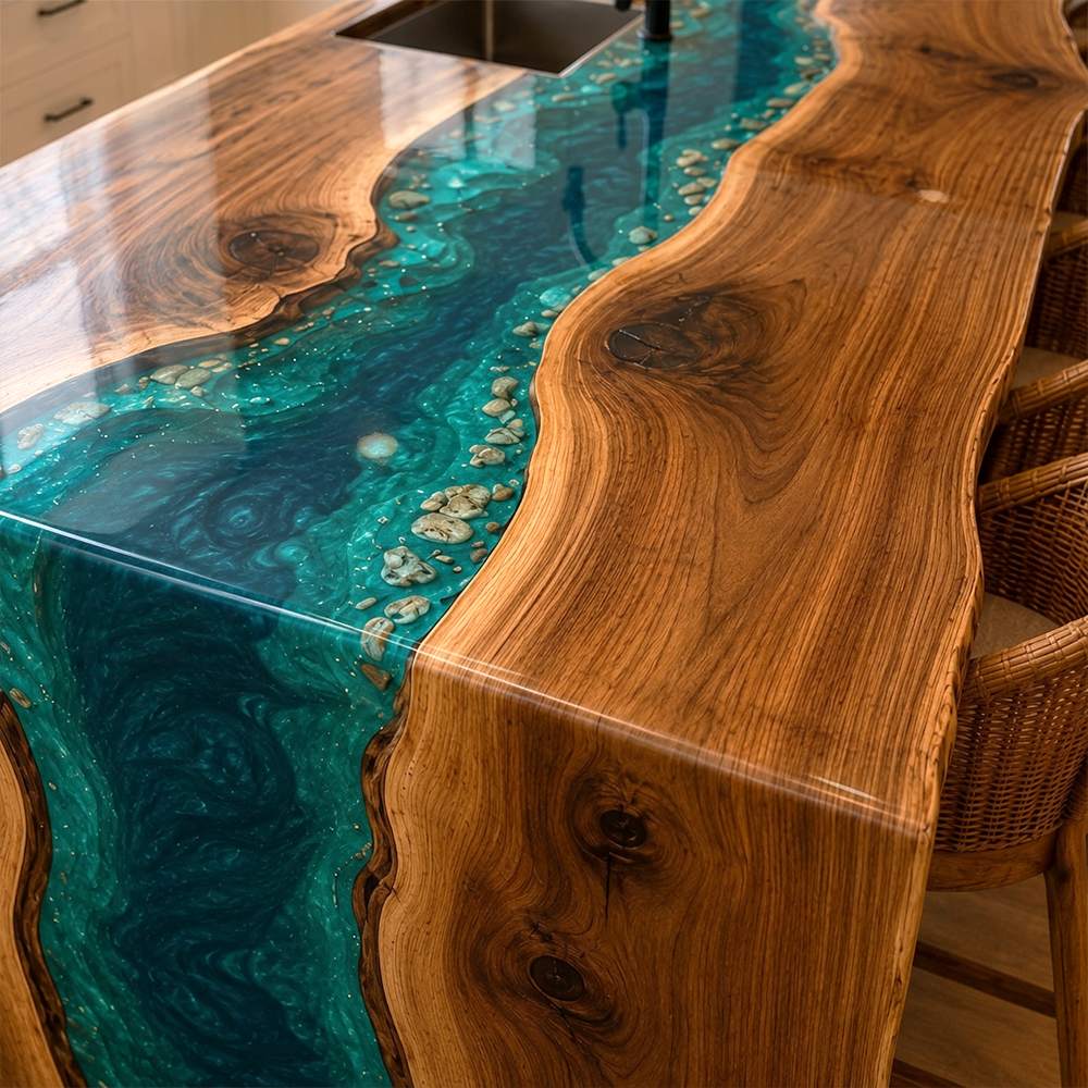 A high-end kitchen breakfast bar counter styled with natural woven rattan barstools for resort-style home interiors