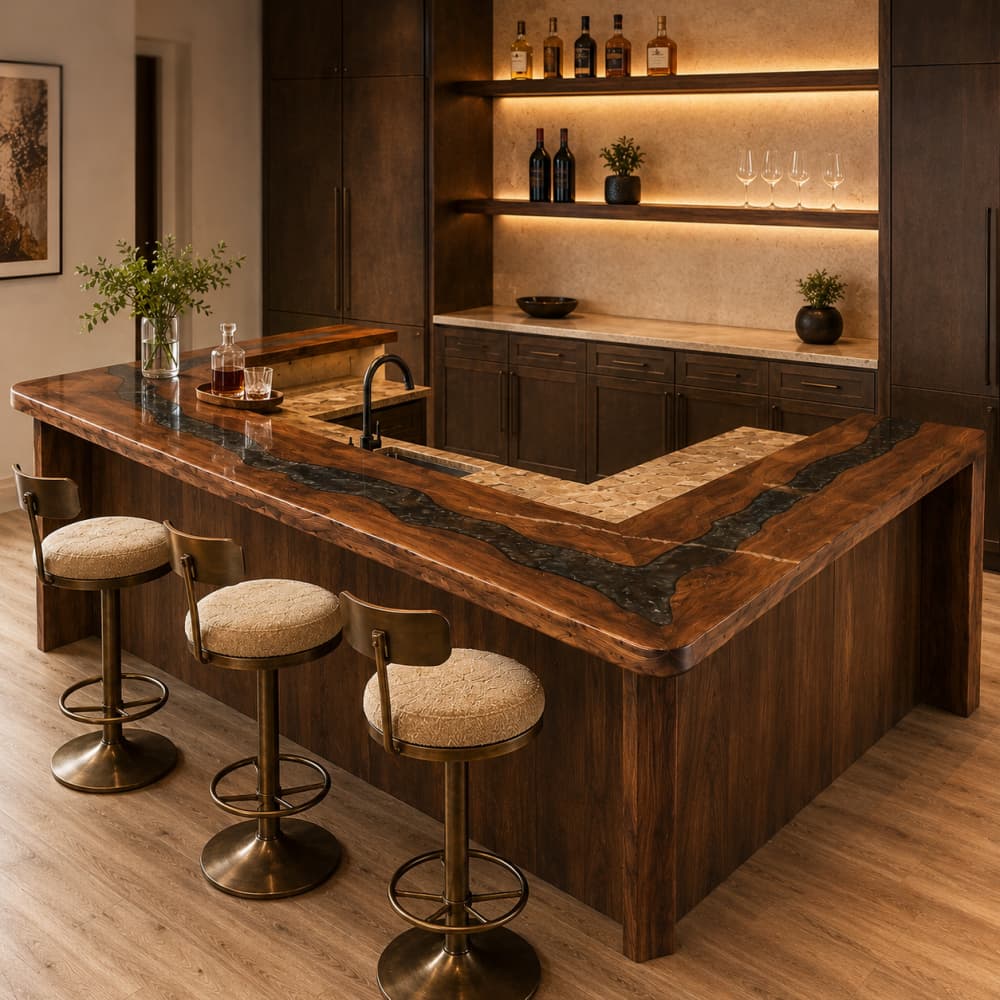 Designer black walnut cocktail bar table with sculptural black swirl resin