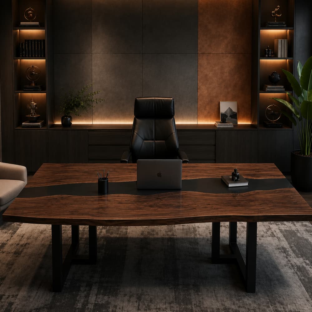 Custom black walnut CEO office desk with black resin center channel