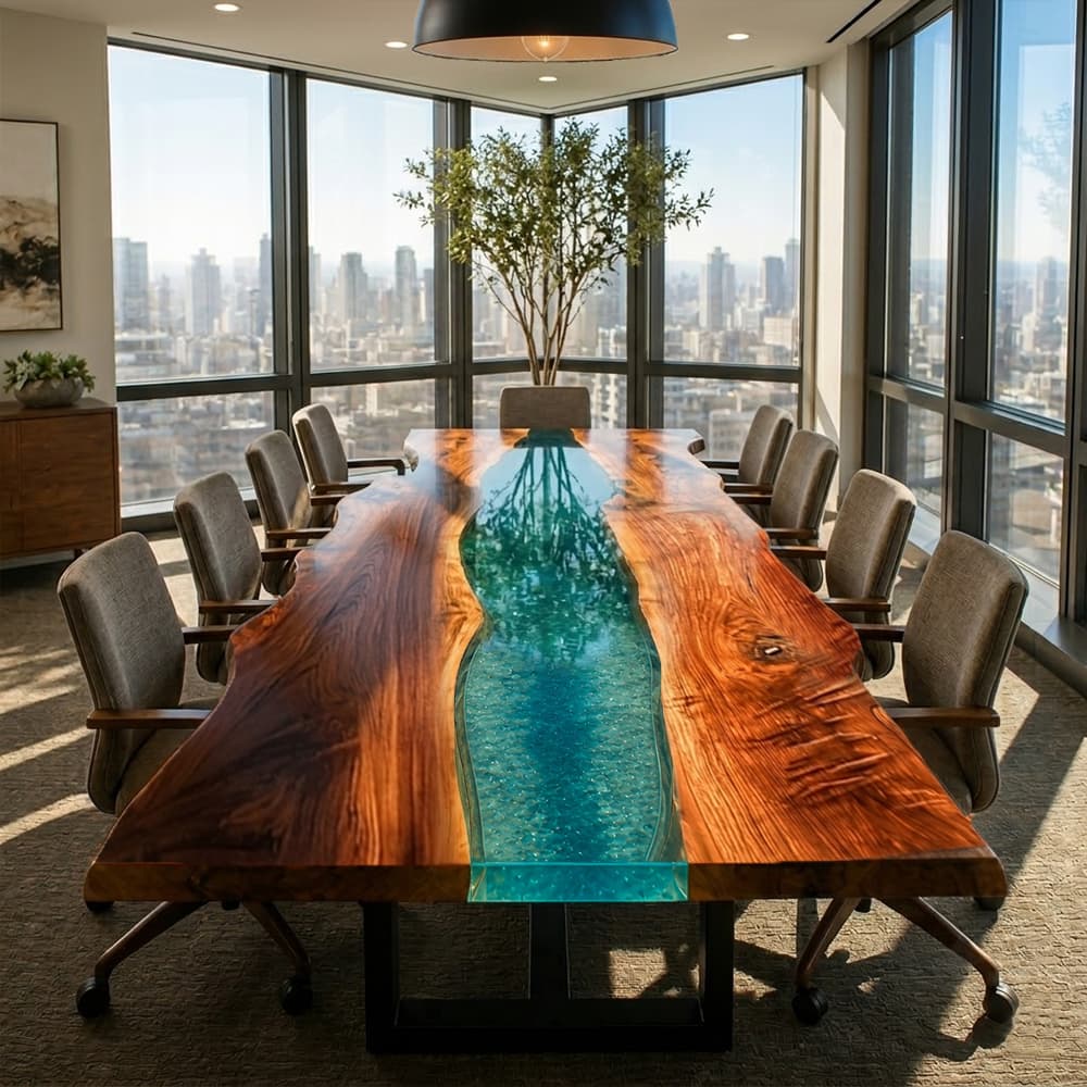 Custom walnut epoxy boardroom table with transparent lake blue resin river