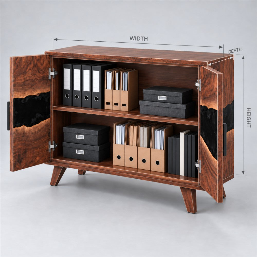 36"W × 16"D × 36"H Black Walnut & Black Epoxy Resin 2-Door Office Storage Cabinet | ROC-05