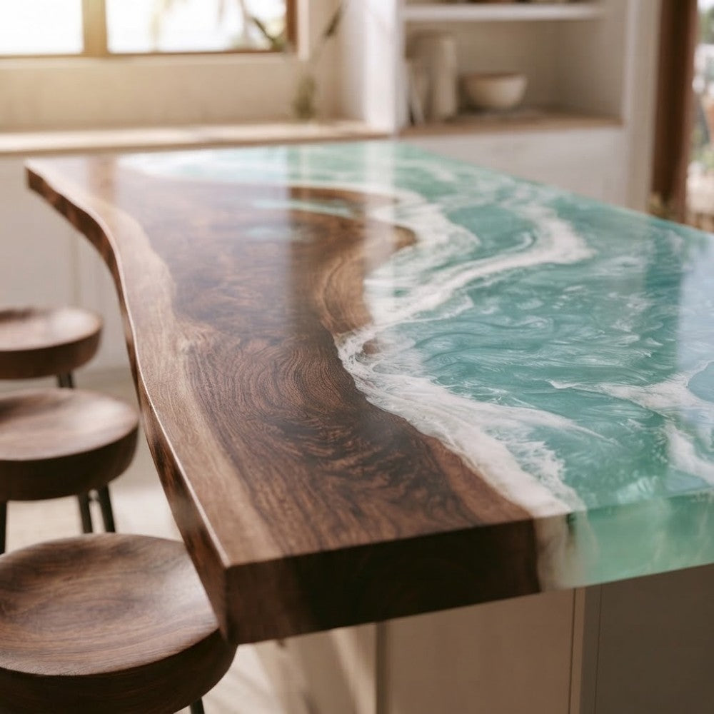 Custom walnut epoxy island countertop for a luxury beach house kitchen