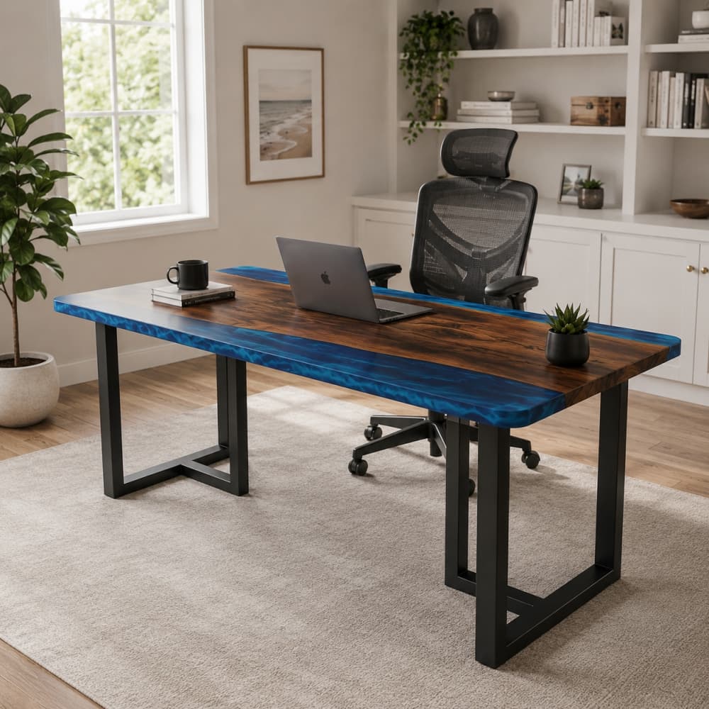 Black walnut home office desk with blue swirl epoxy resin and black metal base