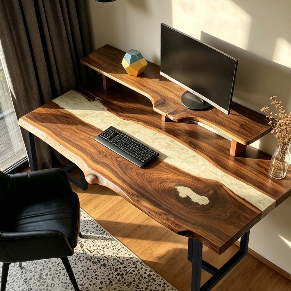 Custom black walnut home office desk featuring a live edge design and epoxy river