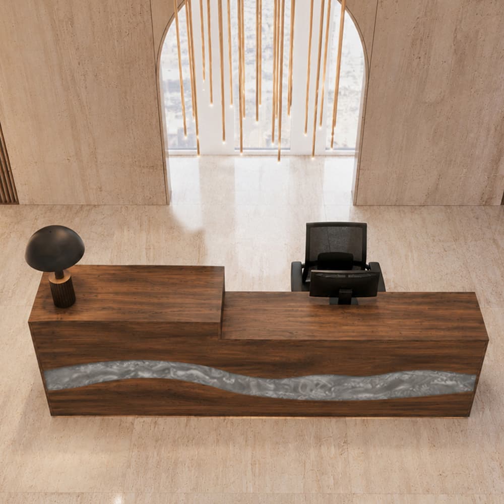 Modern reception counter with black walnut wood and silver resin detail