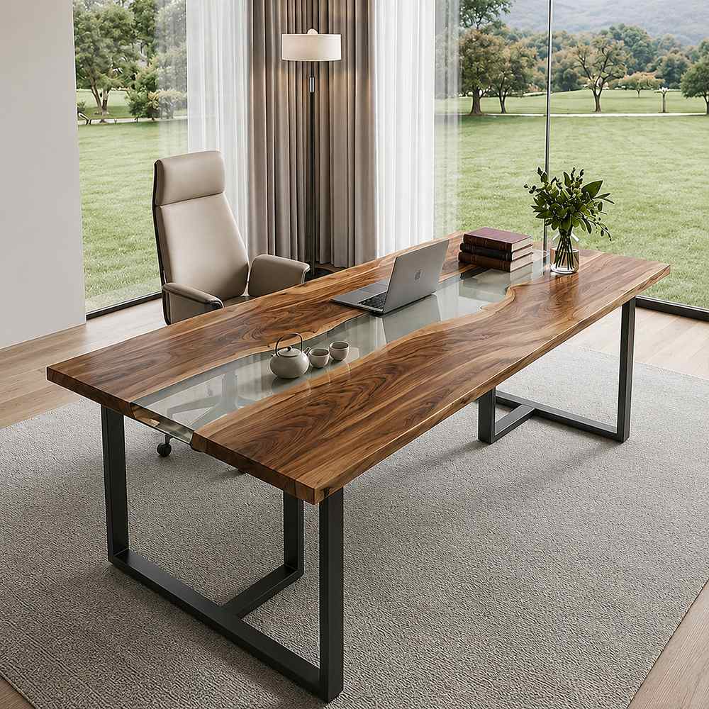 Custom solid walnut office table featuring a gray resin river and steel legs