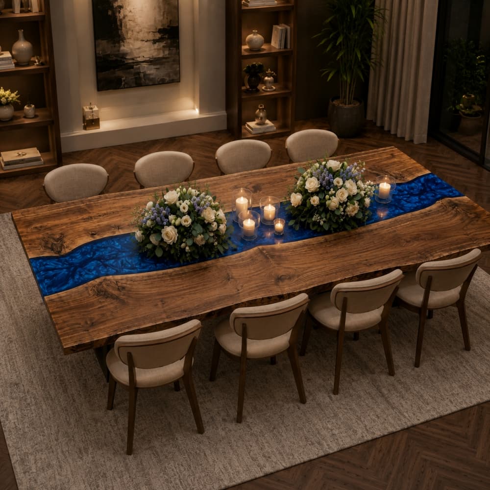 Black walnut banquet table with a blue swirl epoxy river centerpiece