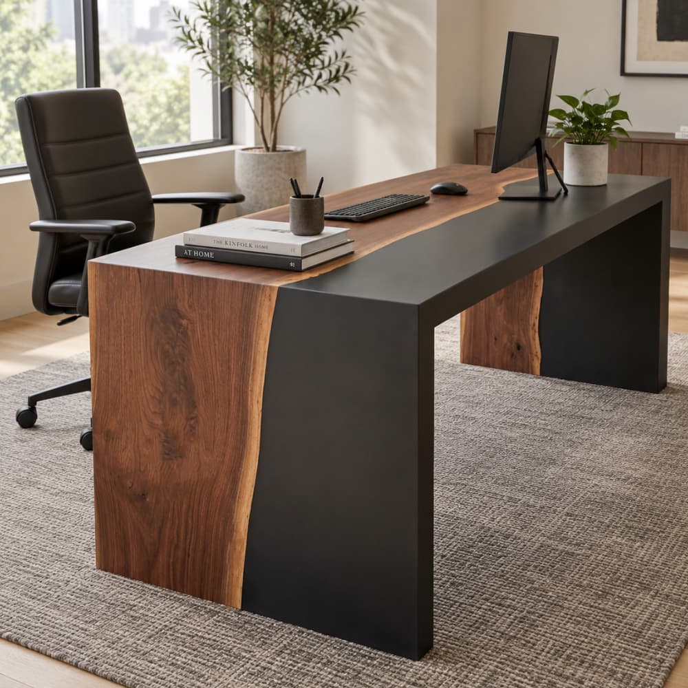 Custom walnut resin desk designed for a modern home office workspace