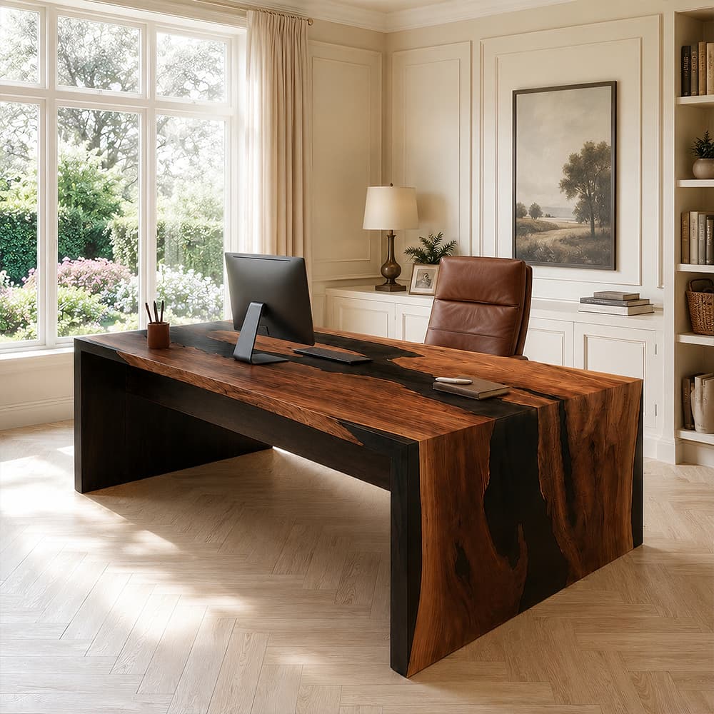Custom walnut resin office desk with deep black epoxy river and natural wood grain