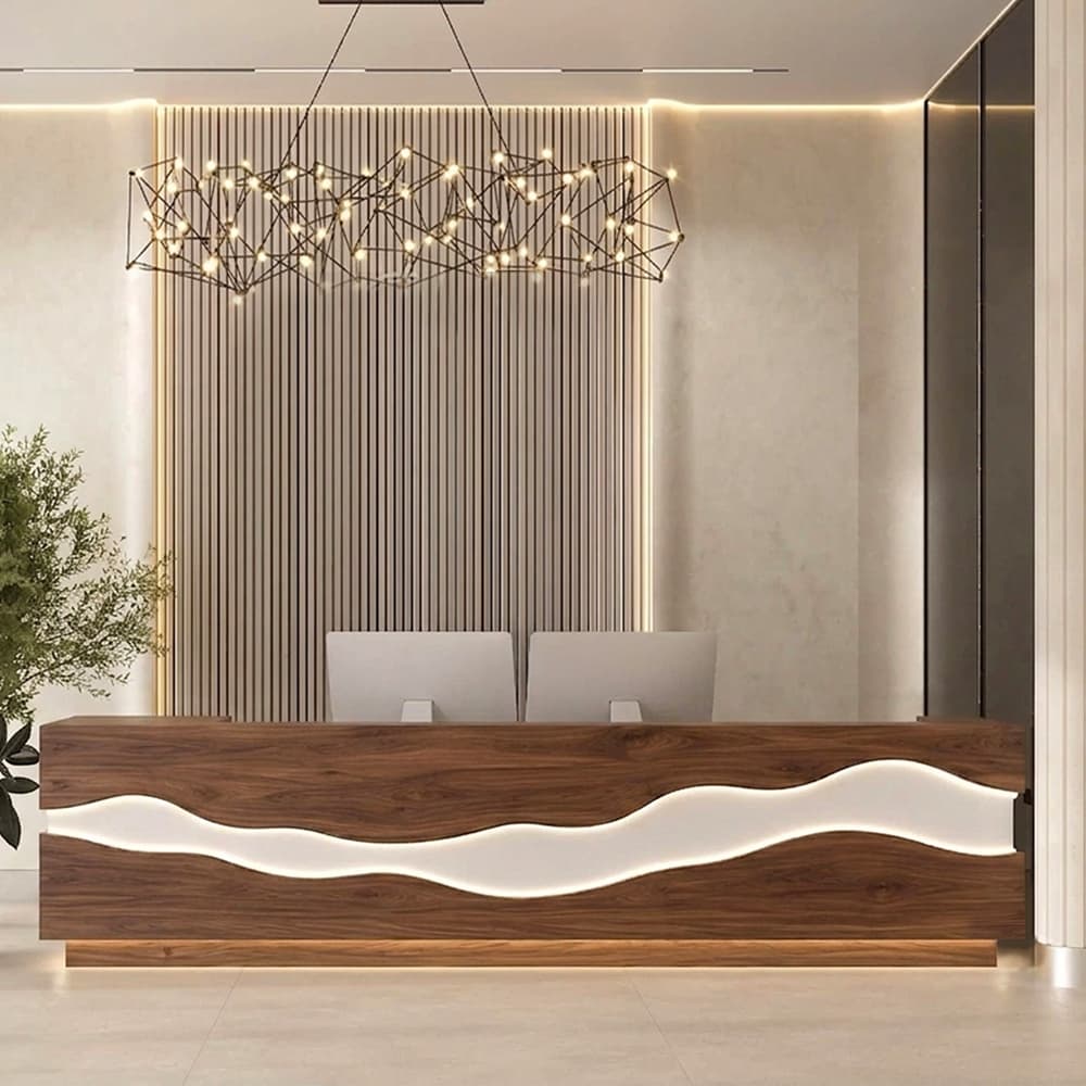 Custom walnut resin reception counter for executive office and hospitality spaces