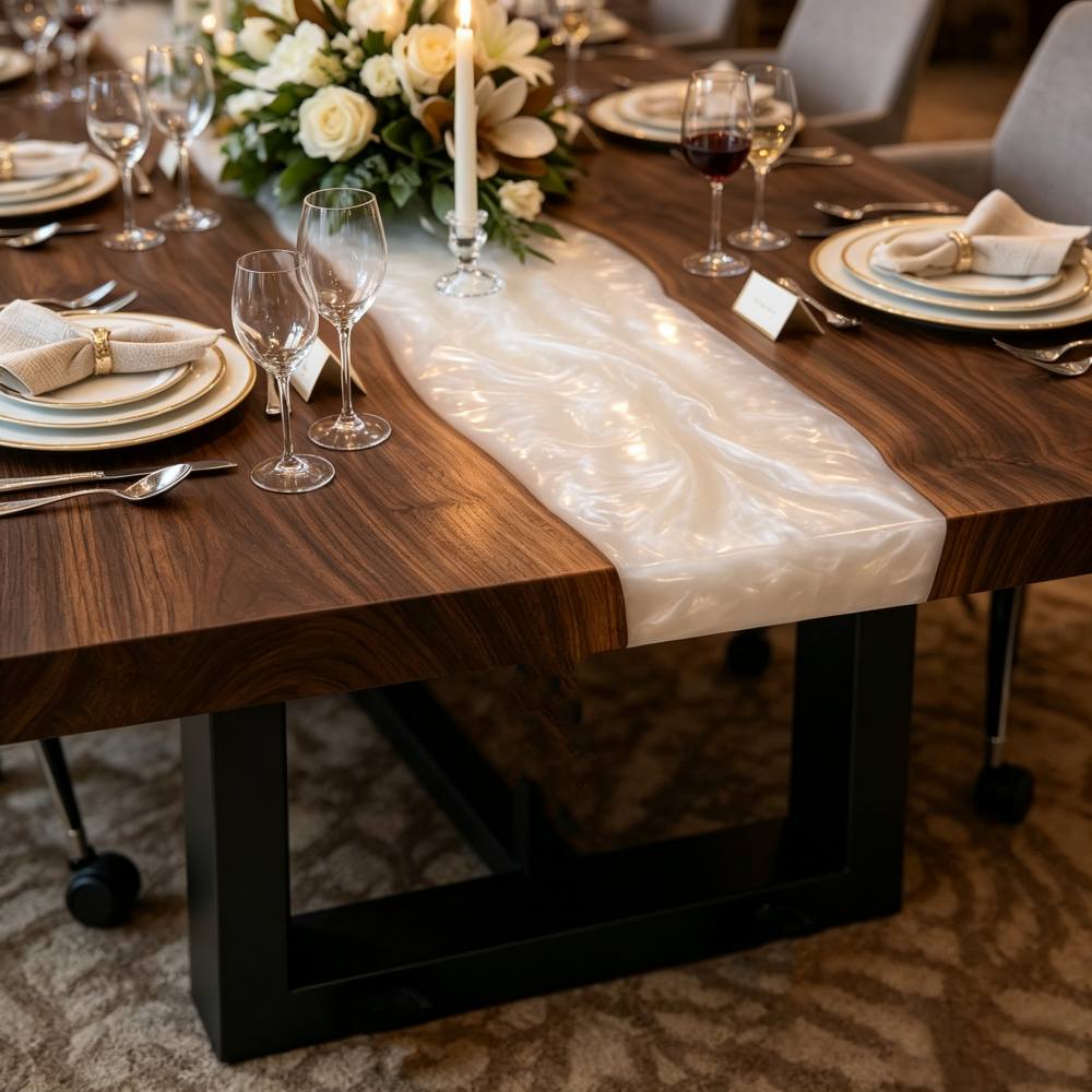 Custom walnut resin table for a wedding reception, featuring luminous white epoxy, generous guest seating, and a modern black metal base