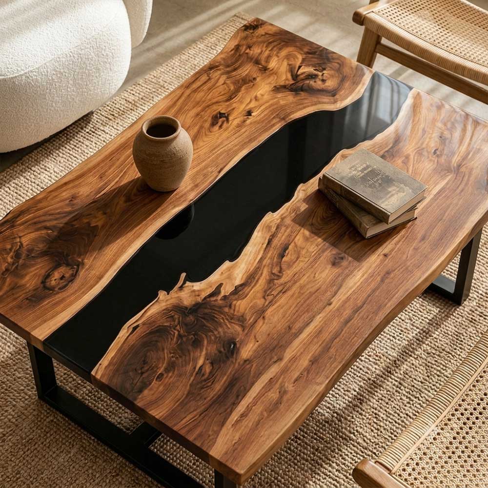Custom black walnut river table for cafés, lounges, and modern living spaces