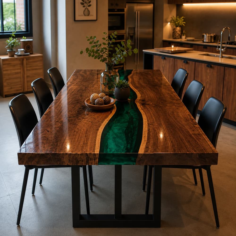 Handcrafted black walnut river dining table designed for contemporary dining spaces