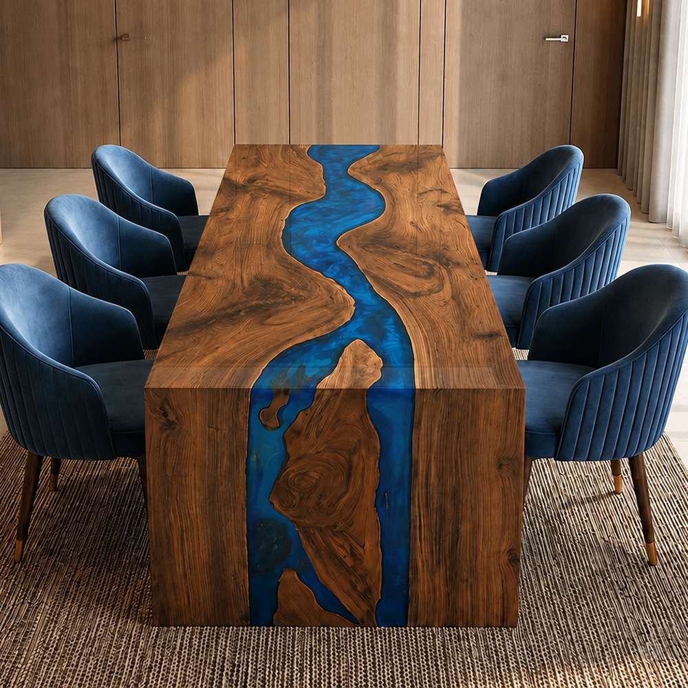 Luxury hotel lounge table in black walnut with blue resin river design