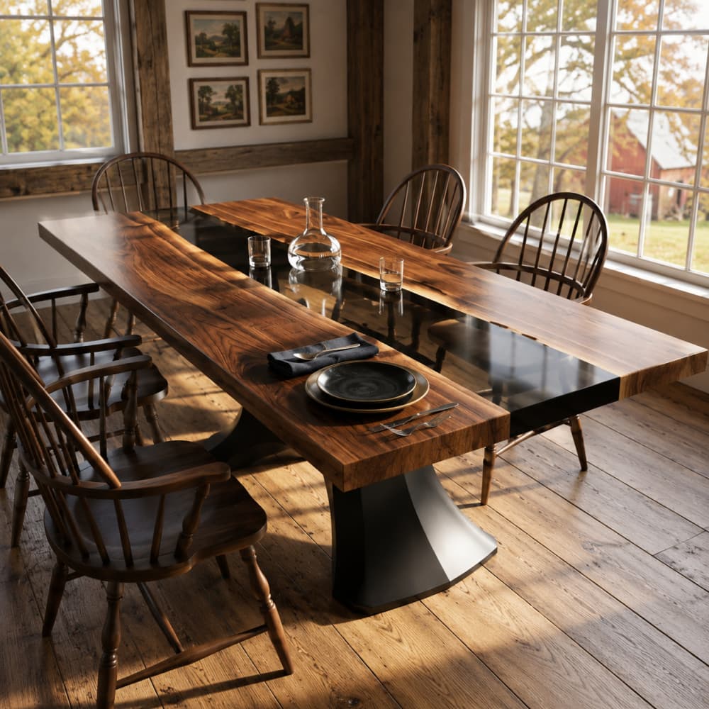 Custom walnut dining table with dark translucent resin river design