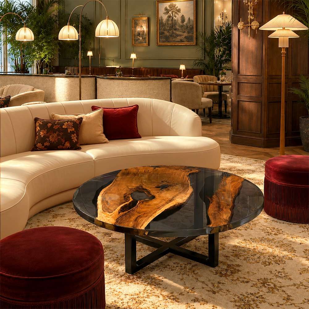 Custom walnut translucent black resin lobby table with a round top and geometric metal base in an upscale reception lounge