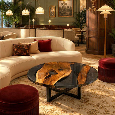 Obsidian Flow Walnut Round Lobby Table with Translucent Black Resin | LT-07