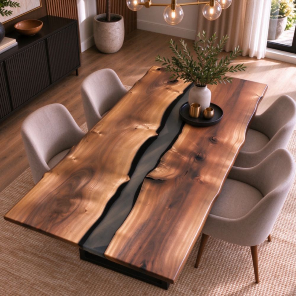 Custom rectangular walnut epoxy river dining table with transparent smoky gray resin, natural wood grain, live edges, and black metal legs.
